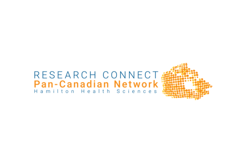 Research Connect – Pan-Canadian Network logo, with the text “Hamilton Health Sciences” below and an orange pixelated maple leaf graphic.