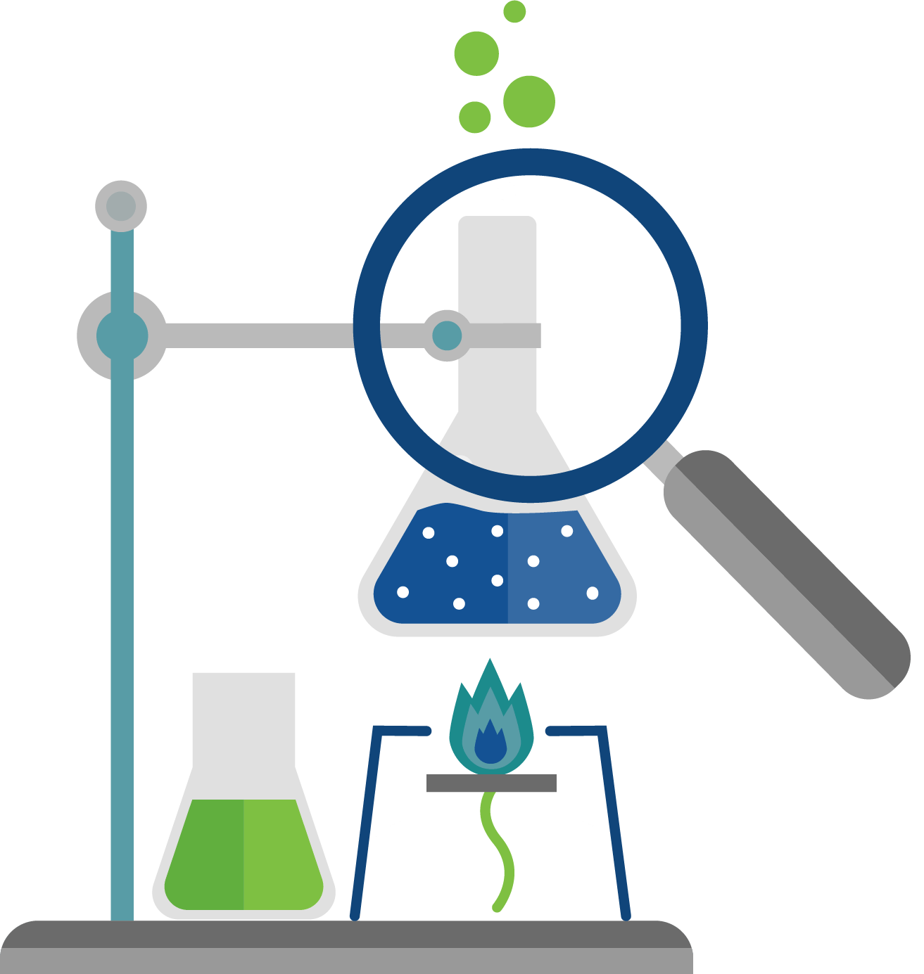 Stylized illustration of a science lab setup with magnifying glass, beakers, and burner, representing research and analysis
