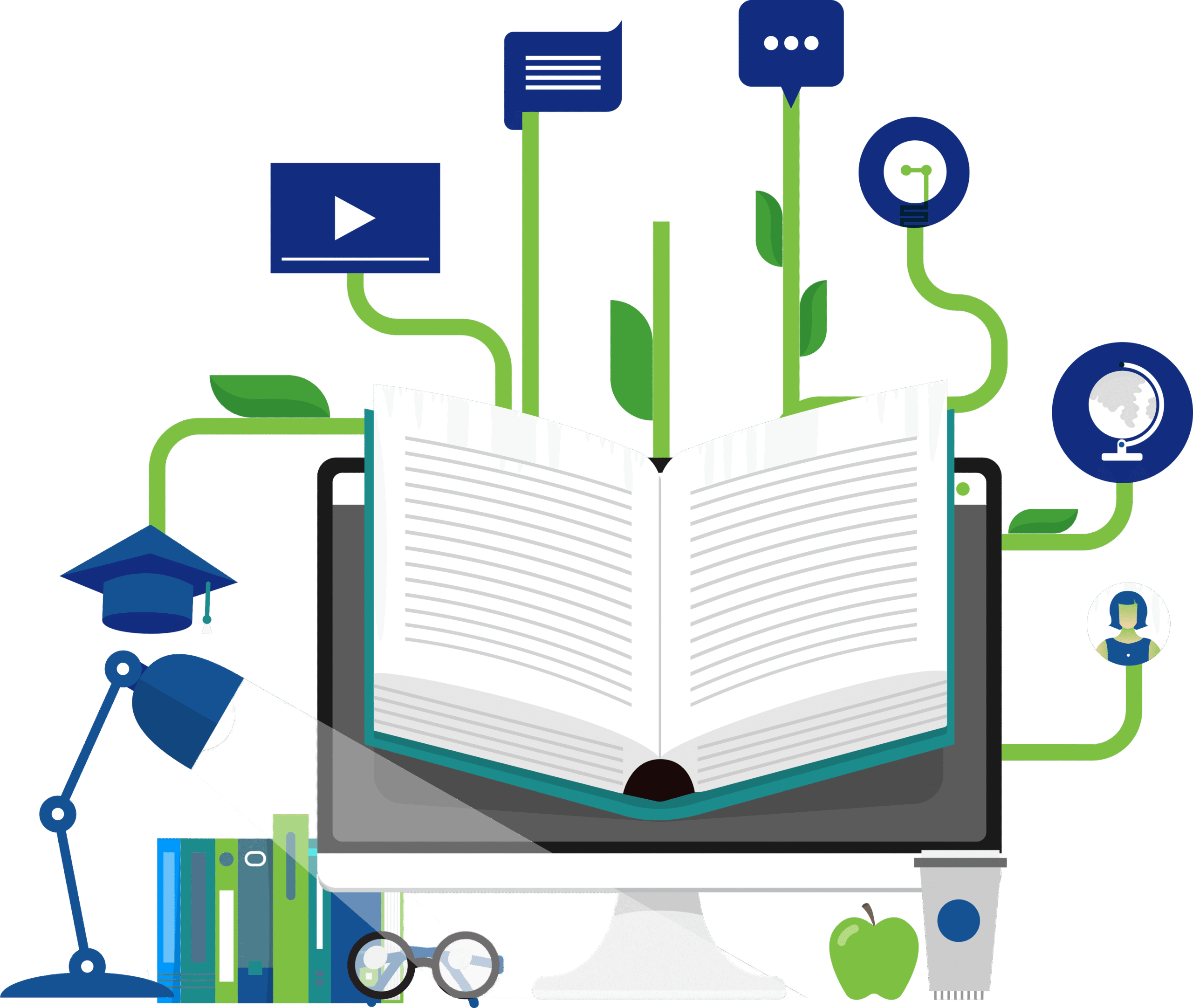 Illustration of a computer monitor with an open book and educational icons growing from it, symbolizing digital learning and knowledge growth.