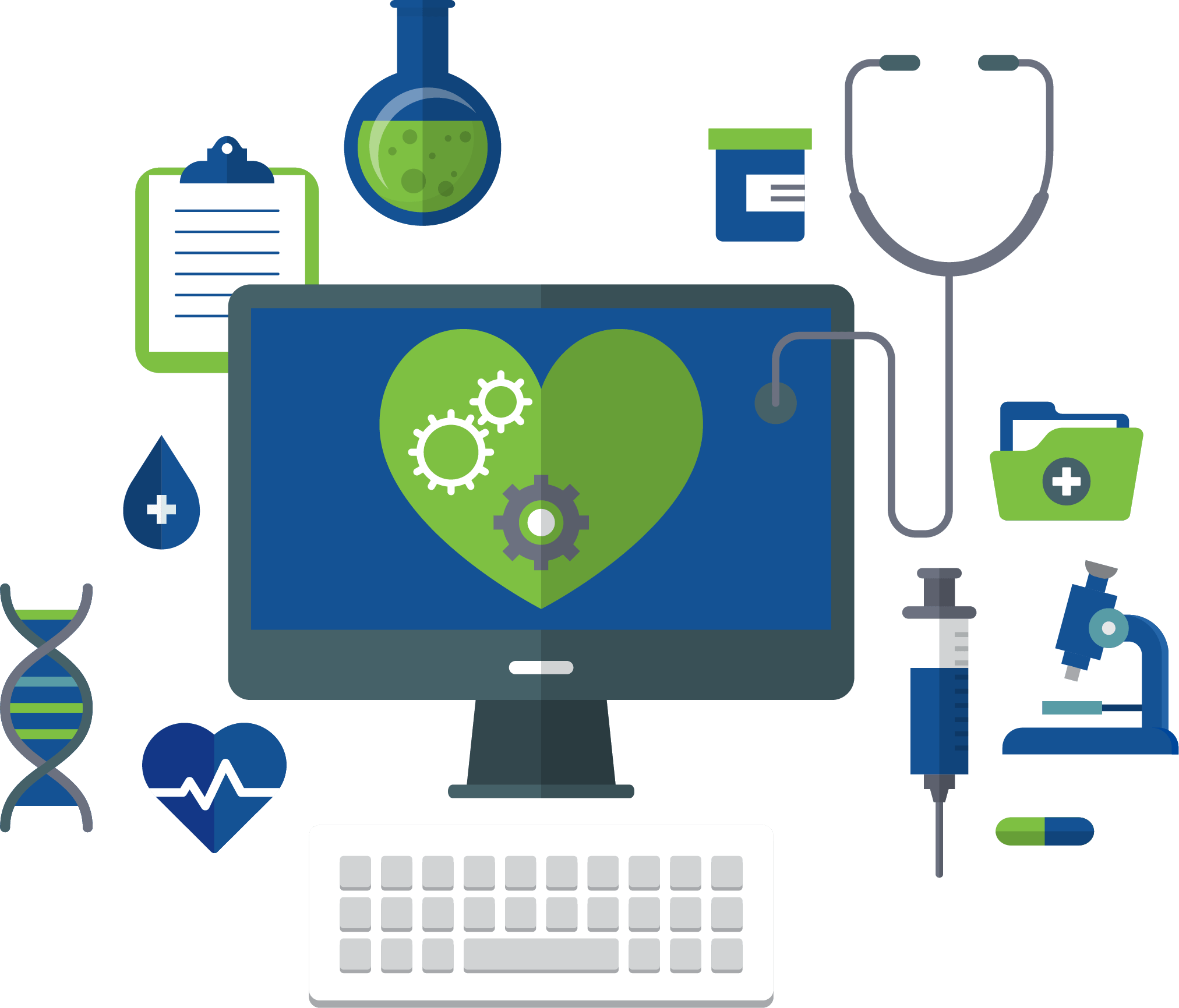 Illustration showing healthcare and research icons (e.g., computer, heart, stethoscope, DNA, syringe, clipboard) representing N2’s focus on patient engagement and clinical research.