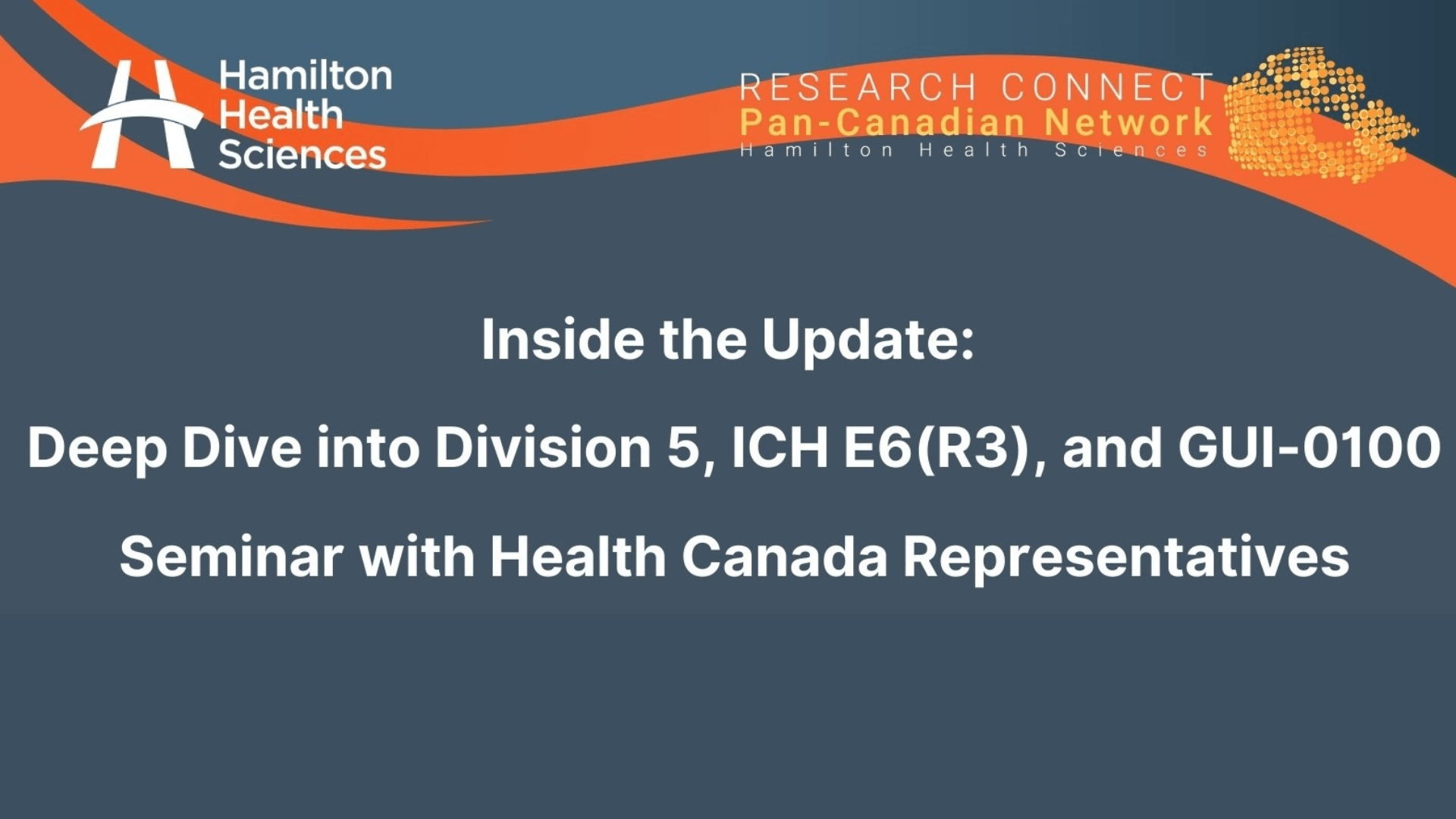 Poster for a Hamilton Health Sciences Research Connect Pan-Canadian Network seminar titled “Inside the Update: Deep Dive into Division 5, ICH E6(R3), and GUI-0100,” featuring Health Canada representatives and outlining learning objectives and regulatory updates.